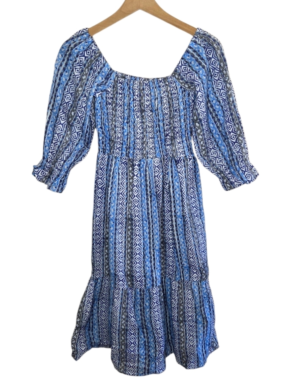 Victoria Dunn Blue Tribal Print Smocked 3/4 Puff Sleeve Dress Size XS Cotton